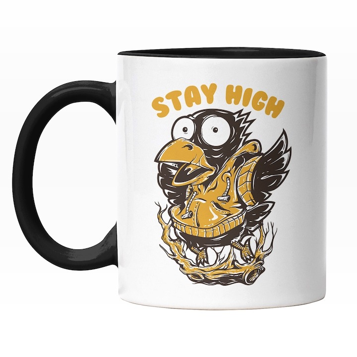 Cana alba personalizata, Personaj Pasare Neagra Cu Hanorac Galben In EnglezaStay High, Iubitorii De Desene Animate, INOVATIX®. 330ml