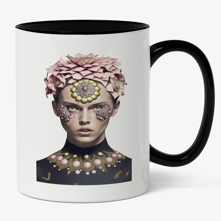 Cana alba personalizata, Portret Femeie Cu Flori Pe cap Roz, Floare Cu Petale Galbene Pe Frunte, Haina Cu Guler Inalt, Iubitorii DE Fashion, INOVATIX®. 330ml