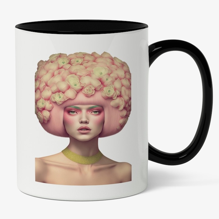 Cana alba personalizata, Portret Femeie Cu Par Imens Inalt Flori Roz Pudra, Colier Verde, Make Up Strident, Iubitorii De Fashion, INOVATIX®. 330ml