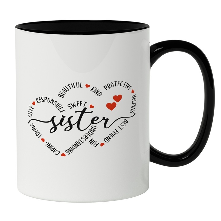 Cana alba personalizata, Sweet Sister, Cea Mai Buna Sora, Surori Si Cele Mai Bune Prietene, Inimare Rosii, Iubitorii De Familie, INOVATIX®. 330ml