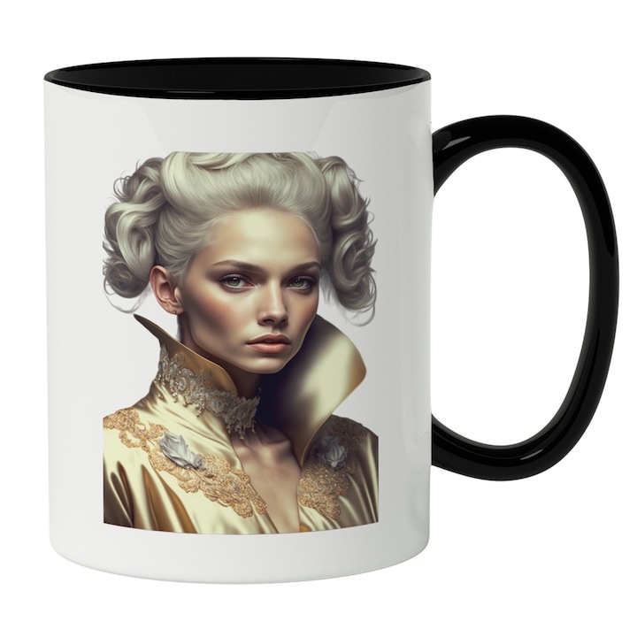 Cana alba personalizata, Portret Femeie Cu Par Blond Tinuta Aurie Regeasca Cu Guler inalt, Palida, Iubitorii De Frumusetea Naturala, INOVATIX®. 330ml