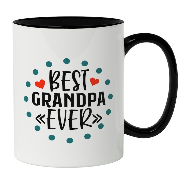 Cana alba personalizata, In Engleza Best Grandpa Ever, Inimoare Rosii, Bunic, Cel Mai Bun Bunic, Iubitorii De Familie, INOVATIX®. 330ml