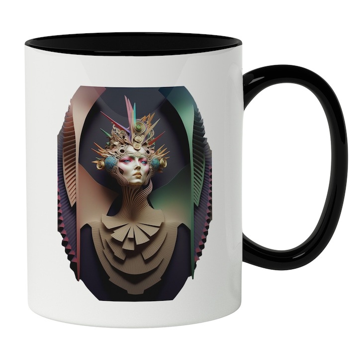 Cana alba personalizata, Portret Regina Coroana Inalta Colorata, Fundal Stil Scari Infinte Colorate, Make Up Strident Roz, Iubitorii De Fashion, INOVATIX®. 330ml