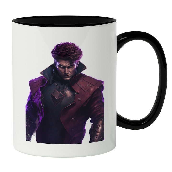 Cana alba personalizata, Personaj Barbat Par Brunet Cu Jacheta Cu Guler Inalt, Stil Magician, Lumina Mov, Iubitorii De Filme SF, INOVATIX®. 330ml