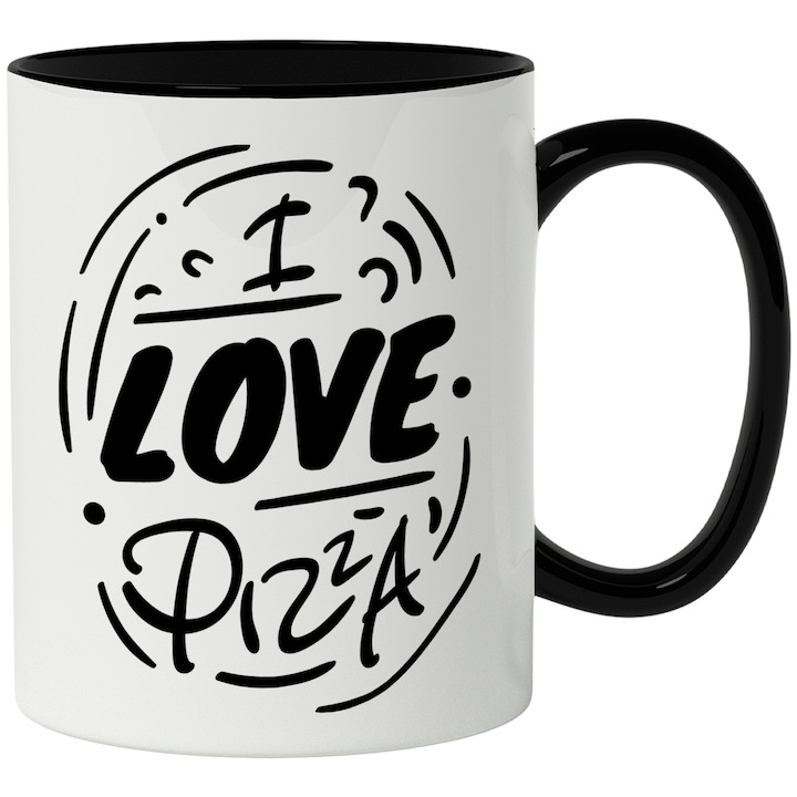 Cana alba personalizata, Mesaj In Engleza I Love Pizza, Iubire, Mancare, Cerc, Alb Negru, cu Maner Negru, INOVATIX®. 330ml
