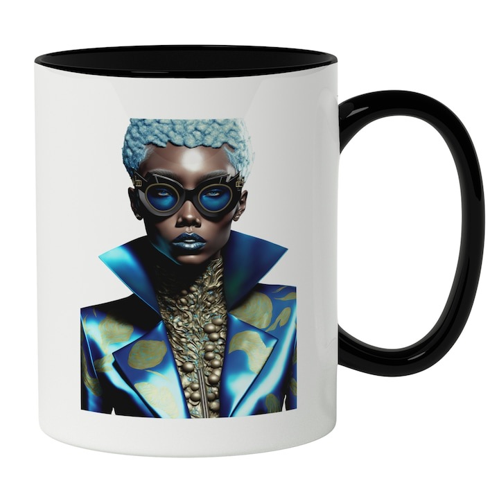 Cana alba personalizata, Portret Femeie Cu Par Albastru Scurt Tinuta Albastru Auriu Regeasca Cu Guler inalt, Ochelarii albastri Stil aviator, Iubitorii De Frumusetea Naturala, INOVATIX®. 330ml