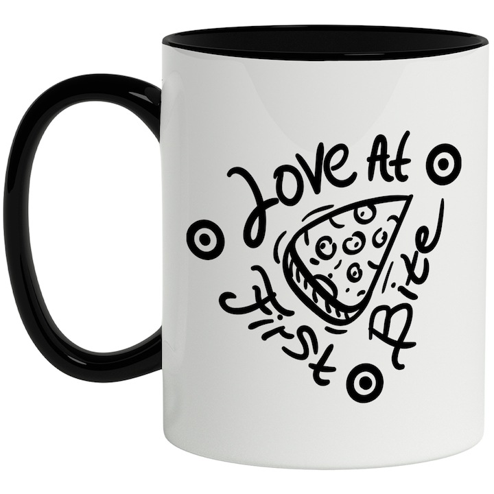 Cana alba personalizata, Mesaj In Engleza Love Ar First Bite, Iubire La Prima Muscatura, Pizza, Mancare, Fast Food, Alb Negru, cu Maner Negru, INOVATIX®. 330ml