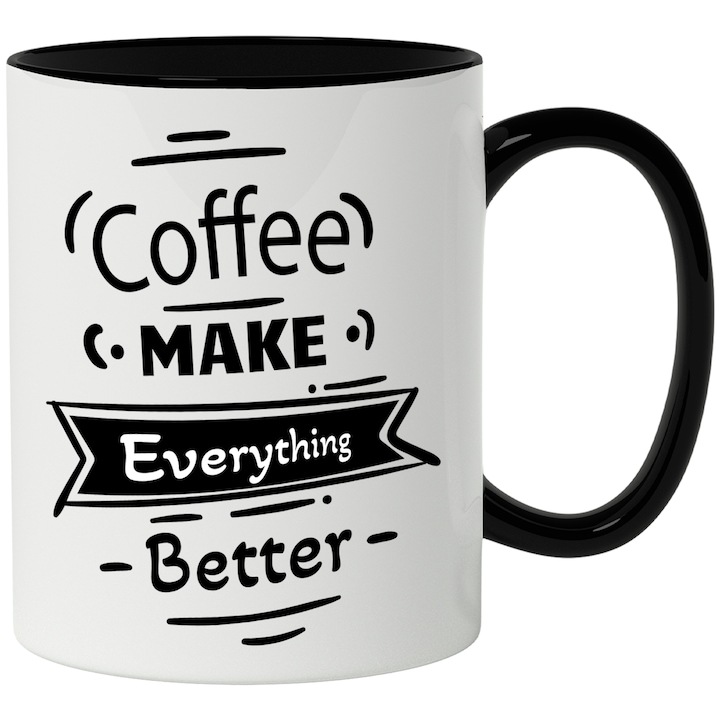 Cana alba personalizata, Mesaj In Engleza Coffee Make Everything Better, Cafea, Semn, Linii, Cafeina, Alb Negru, cu Maner Negru, INOVATIX®. 330ml