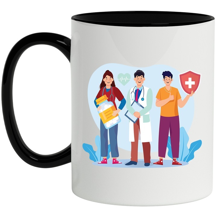 Cana alba personalizata, Personal Medical, Medicina, Doctor, Asistenta, Pastile, Sanatate, cu Maner Negru, INOVATIX®. 330ml