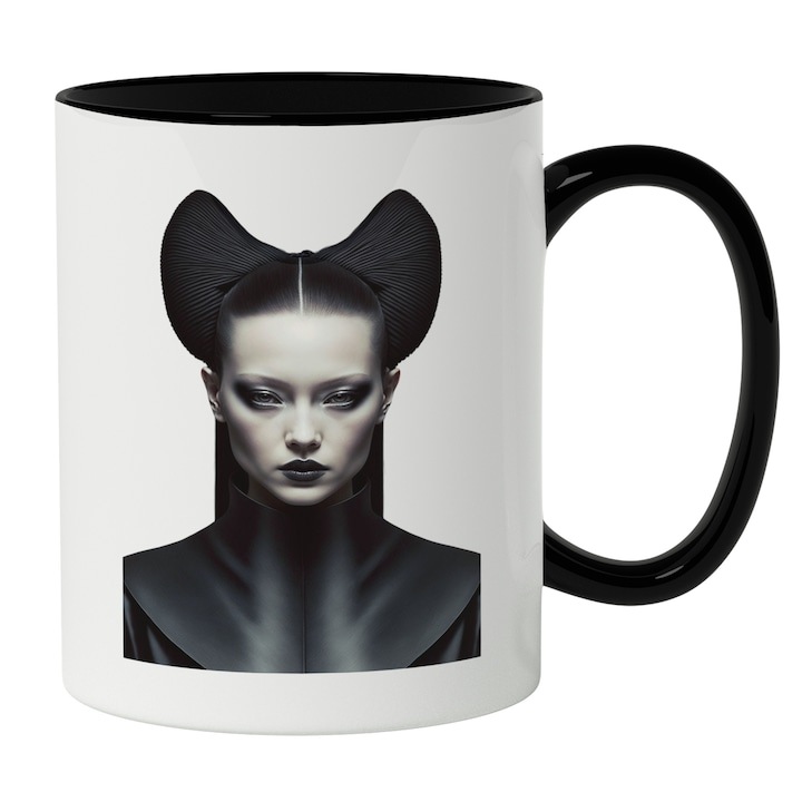 Cana alba personalizata, Portret Femeie Cu Coarne Par Inalt Brunet, Tinuta Cu Guler inalt, Buze, Fashion, Iubitorii De Frumusetea Naturala, INOVATIX®. 330ml