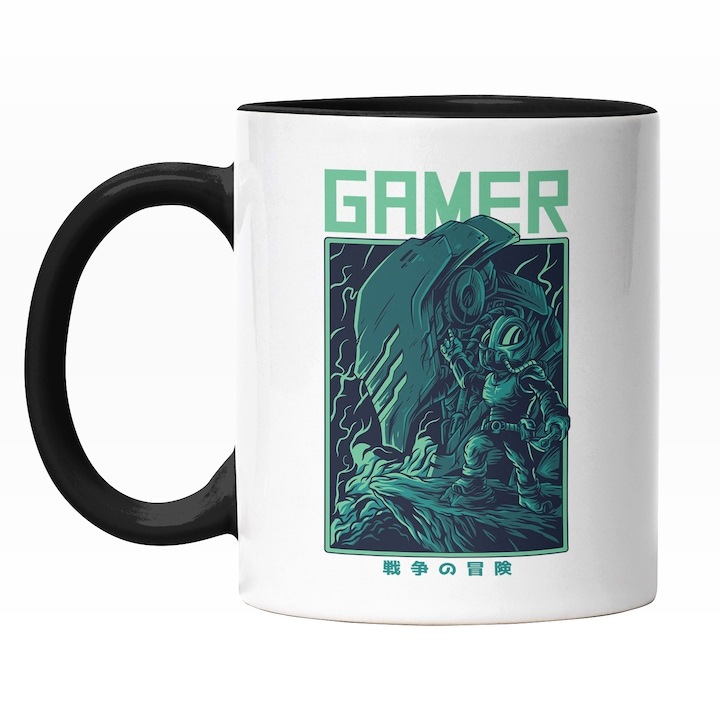 Cana alba personalizata, Scena Din Joc Video, Soldat Pe Stanca Inalta Inghetata, In Engleza Gamer, Ilustratie, Unica, Creativitate, INOVATIX®. 330ml