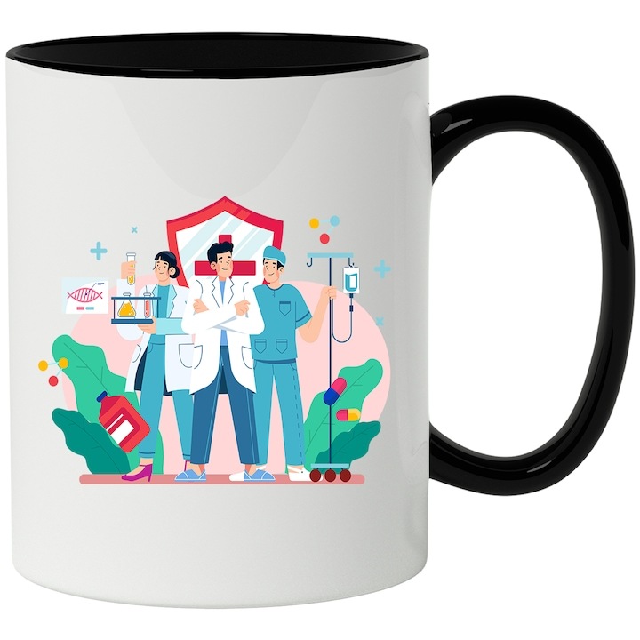 Cana alba personalizata, Medicina, Stiinta, Sanatate, Pastile, Asistenta, Doctor, cu Maner Negru, INOVATIX®. 330ml