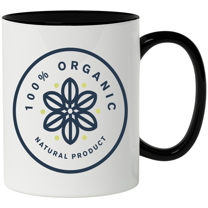 Cana alba personalizata, Mesaj 100% Organic, Cerc, Buline, Natural, Frunze, Emblema, cu Maner Negru, INOVATIX®. 330ml