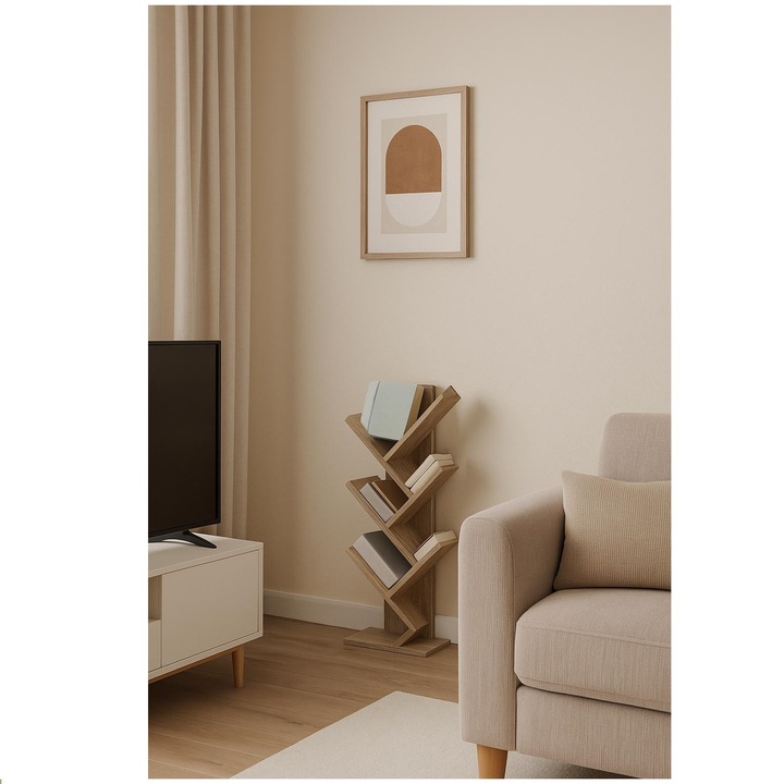 Etajera din lemn, BREZIUM, 5 rafturi inclinate, finisaje lemn natur, 30x17x59cm