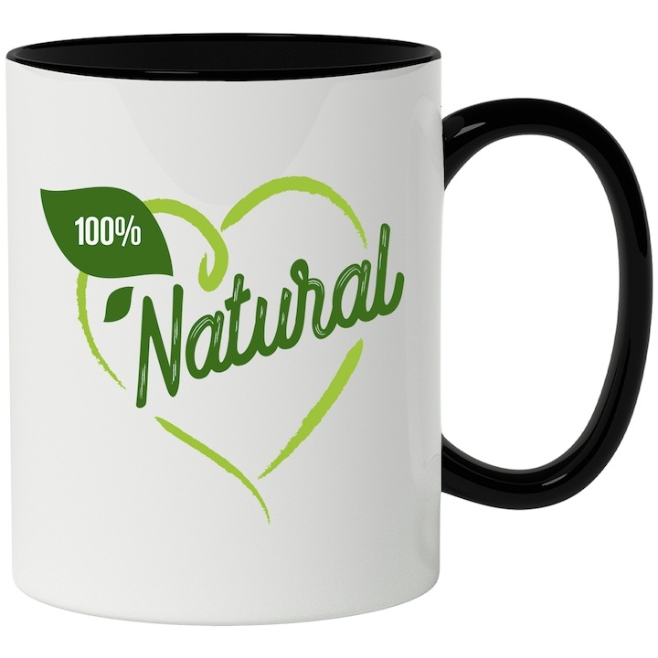 Cana alba personalizata, Mesaj 100% Natural, Inima, Frunza, Emblema, Sanatos, Bio, cu Maner Negru, INOVATIX®. 330ml