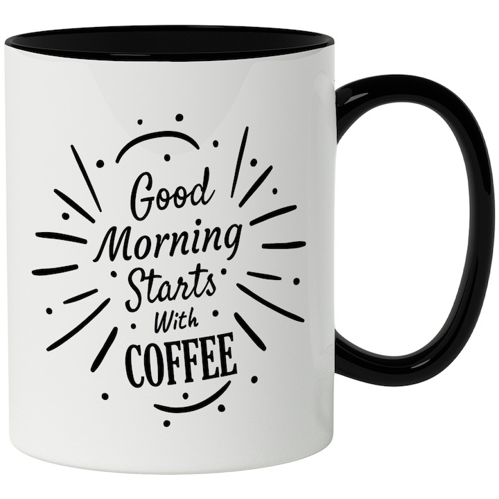 Cana alba personalizata, Mesaj In Engleza Good Morning Starts With Coffee, Dimineata, Cafea, Bautura, Inceput, Alb Negru, cu Maner Negru, INOVATIX®. 330ml