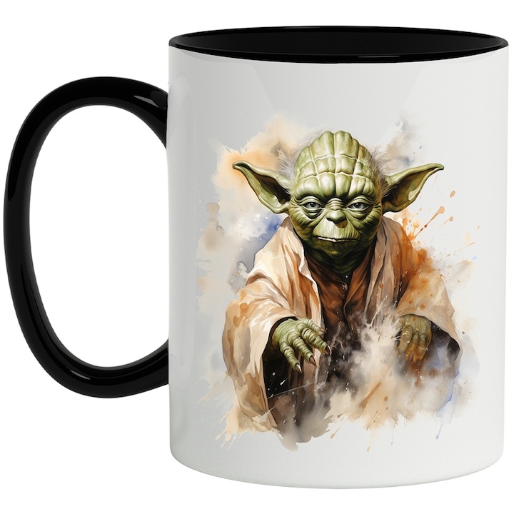 Cana alba personalizata, Star Wars, Jedi, Yoda, Personaj, Iubitori De Filme SF, cu Maner Negru, INOVATIX®. 330ml