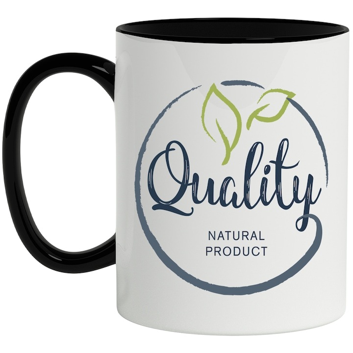 Cana alba personalizata, Mesaj In Engleza Quality Natural Product, Frunze, Cerc, Emblema, cu Maner Negru, INOVATIX®. 330ml