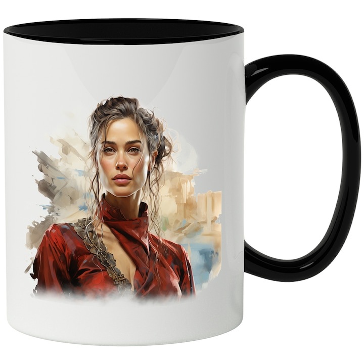 Cana alba personalizata, Game Of Thrones, Cersei Lannister, Fantasy, Portret, Rochie, cu Maner Negru, INOVATIX®. 330ml
