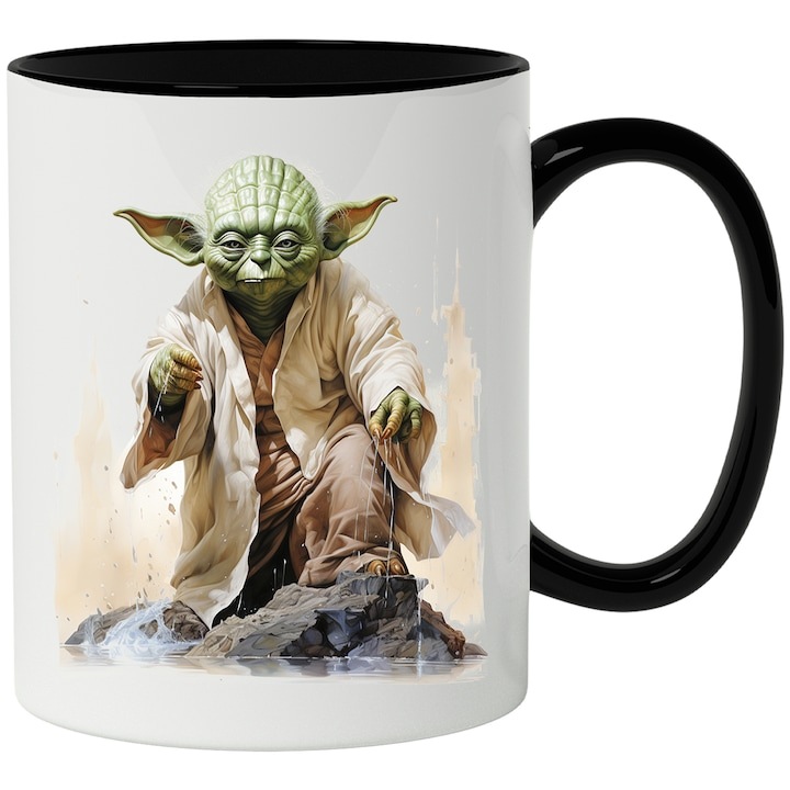 Cana alba personalizata, Yoda, Star Wars, Stanci, Lac, Apa, SF, Masestru, Jedi, cu Maner Negru, INOVATIX®. 330ml
