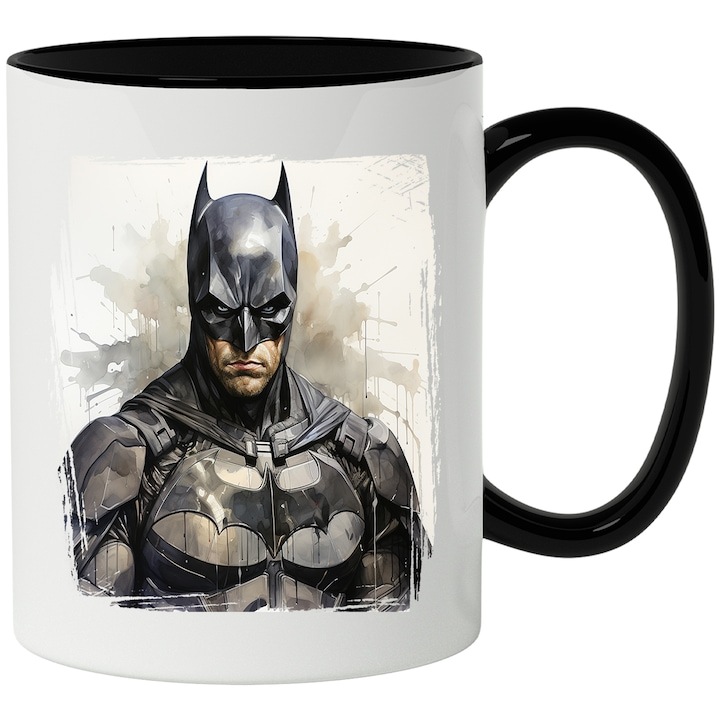 Cana alba personalizata, Batman, Patrat, Portret, Costumatie, DC, Supererou, cu Maner Negru, INOVATIX®. 330ml