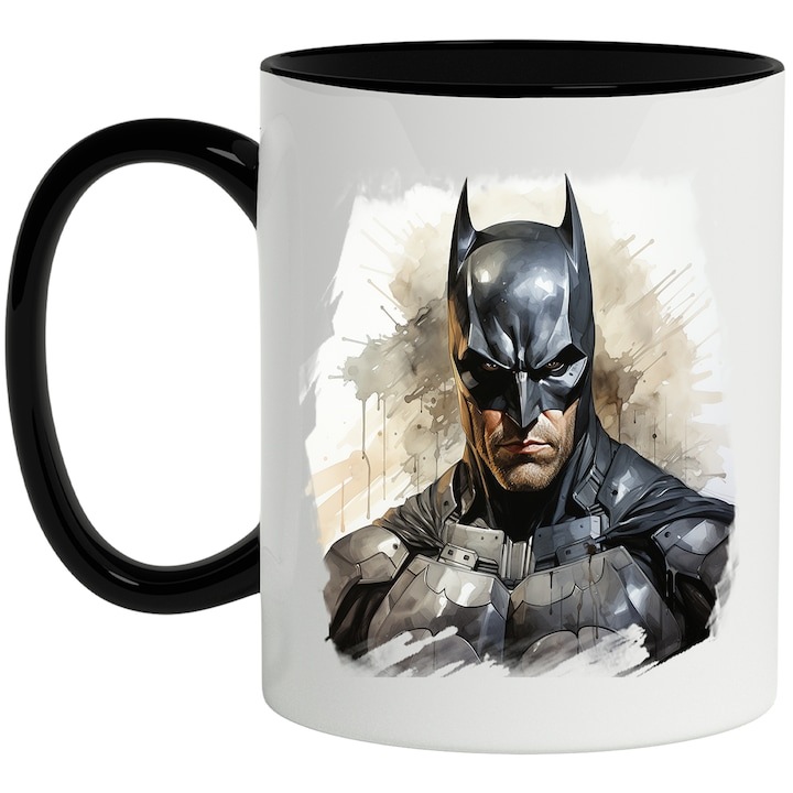 Cana alba personalizata, Portet, Batman, Costum, Masca, DC, Pete De Vopsea, cu Maner Negru, INOVATIX®. 330ml