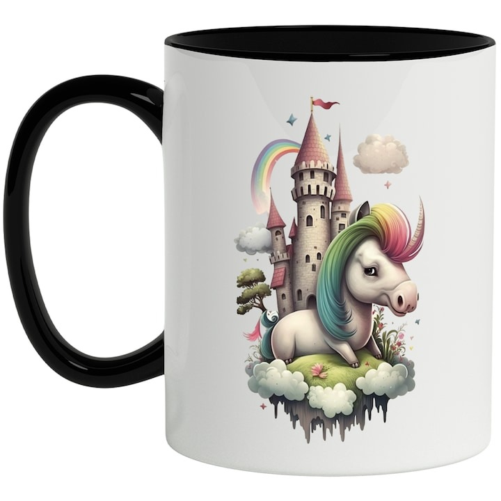 Személyre szabott fehér bögre, Unikornis, Kastély, Szivárvány, Fantázia, Középkori, fekete fogantyúval, INOVATIX®. 330ml
