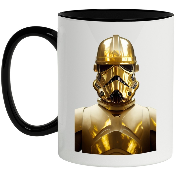 Cana alba personalizata, Stormtrooper Auriu, Sci-Fi, Star Wars, Iubitori De Filme, Jocuri, Personaje, cu Maner Negru, INOVATIX®. 330ml
