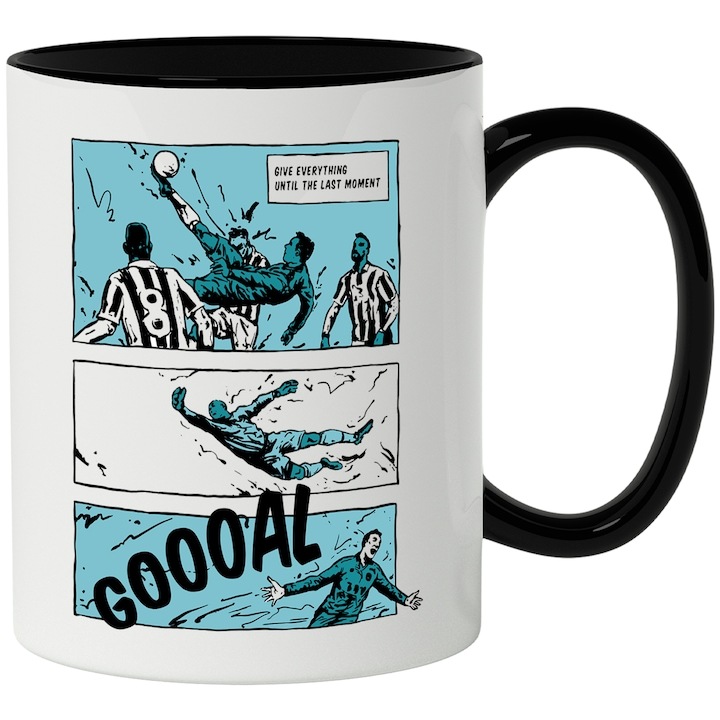 Cana alba personalizata, Mesaj In Engleza Give Everything Until The Last Moment, Benzi Desenate, Fotbal, Iubitori De Sport, Gol, cu Maner Negru, INOVATIX®. 330ml