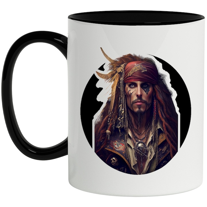 Személyre szabott fehér bögre, Jack Sparrow, Karib-tenger kalózai, Filmkedvelők, Johhny Depp, Kapitány, fekete füllel, INOVATIX®. 330ml