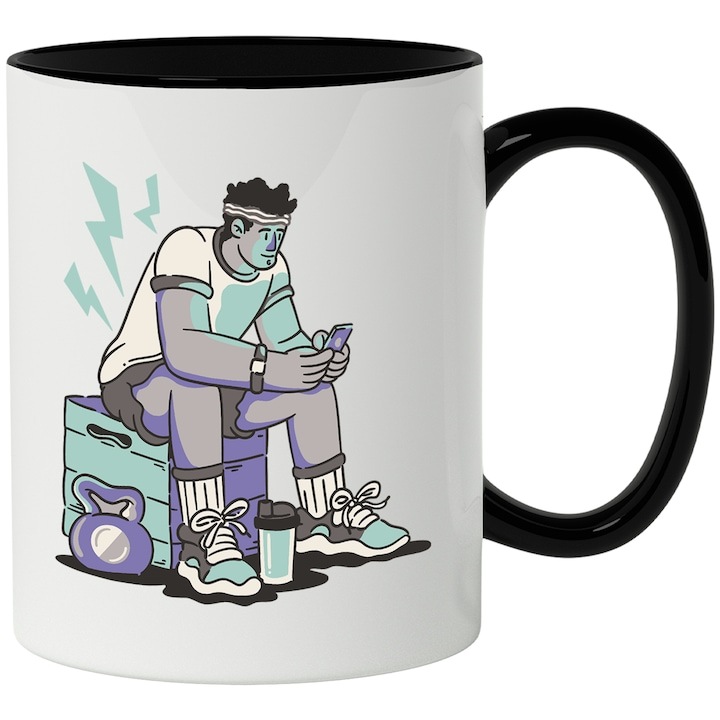 Cana alba personalizata, Barbat, Telefon, Gym, Greutati, Fitness, Iubitori De Sport, cu Maner Negru, INOVATIX®. 330ml