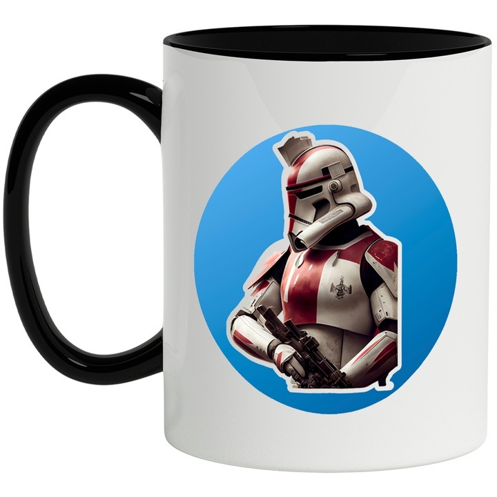 Cana alba personalizata, StormTrooper, Star Wars, Iubitori De Filme, Sci-Fi, Soldat, cu Maner Negru, INOVATIX®. 330ml