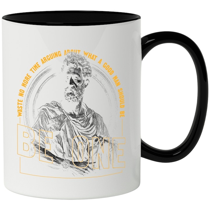 Cana alba personalizata, Mesaj Filosofic, Portret, Cerc, Ceas, Dezbatere, cu Maner Negru, INOVATIX®. 330ml