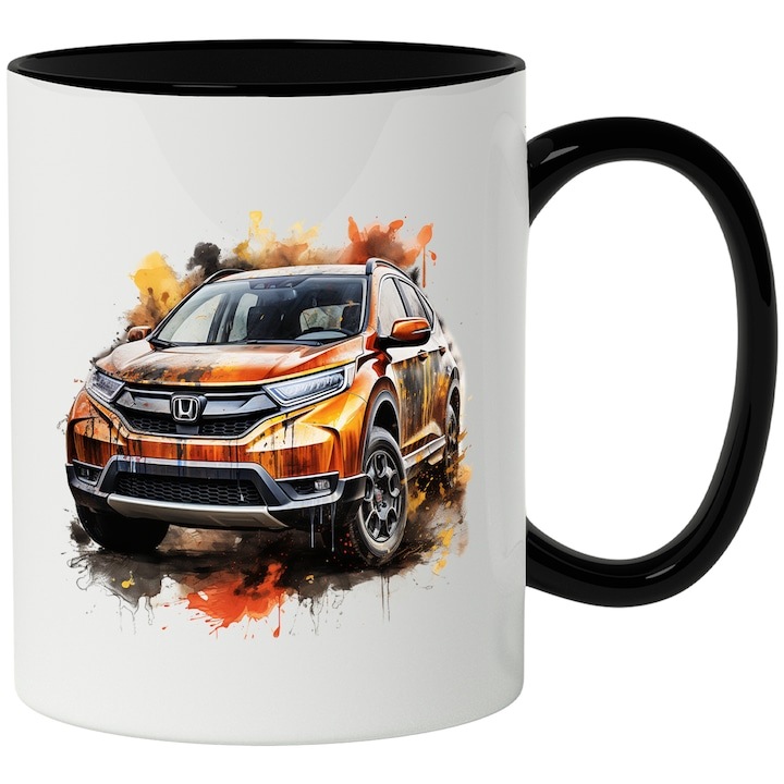 Персонализирана бяла чаша, Кола, Honda CR-V EX, Пръски боя, с черна дръжка, INOVATIX®. 330 мл