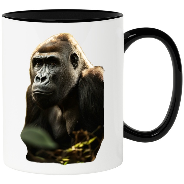 Cana alba personalizata, Gorila, Neagra, Jungla, Animale Salbatice, cu Maner Negru, INOVATIX®. 330ml