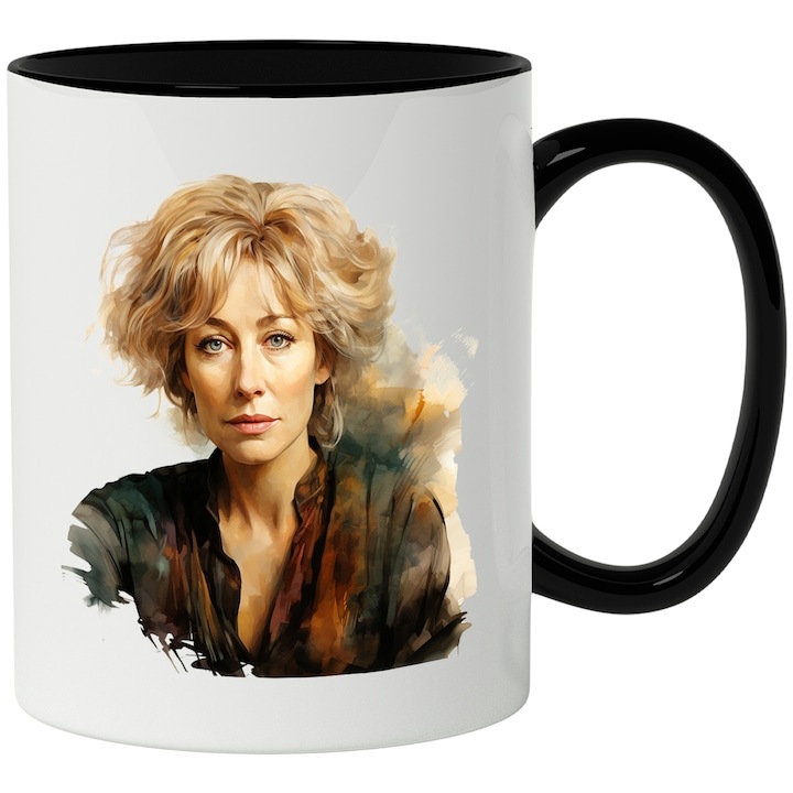 Cana alba personalizata, Susan Harris, Celebritate, Scriitoare, Seriale Tv, cu Maner Negru, INOVATIX®. 330ml