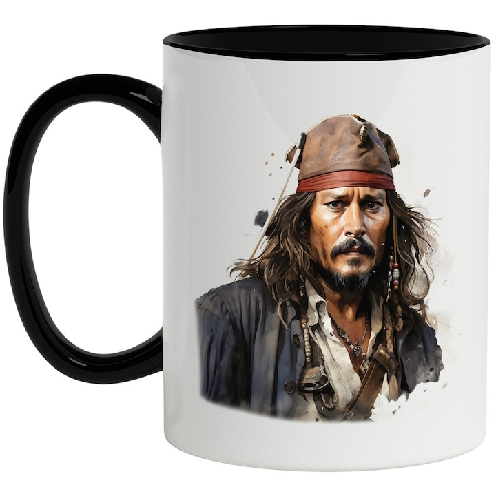 Személyre szabott fehér bögre, Jack Sparrow, Karib-tenger kalózai, kitalált karakter, fekete füllel, INOVATIX®. 330ml