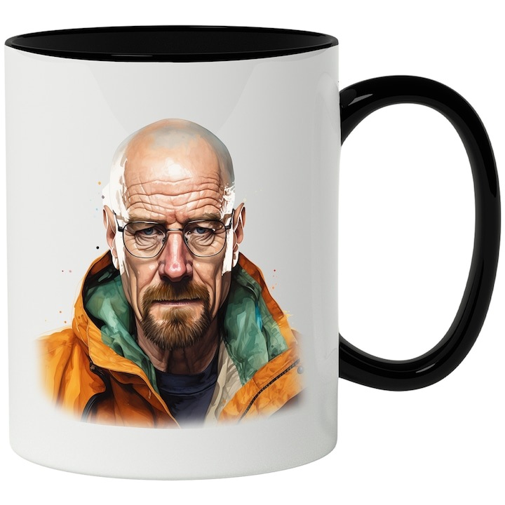 Cana alba personalizata, Walter White, Personaj, Breaking Bad, Serial TV, cu Maner Negru, INOVATIX®. 330ml
