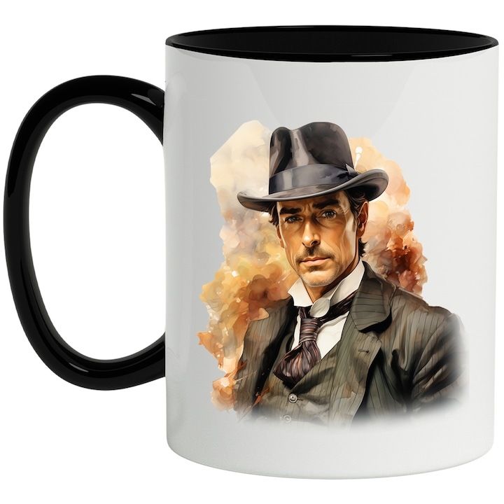 Cana alba personalizata, Sherlock Holmes, Serial TV, Personaj Celebru, cu Maner Negru, INOVATIX®. 330ml