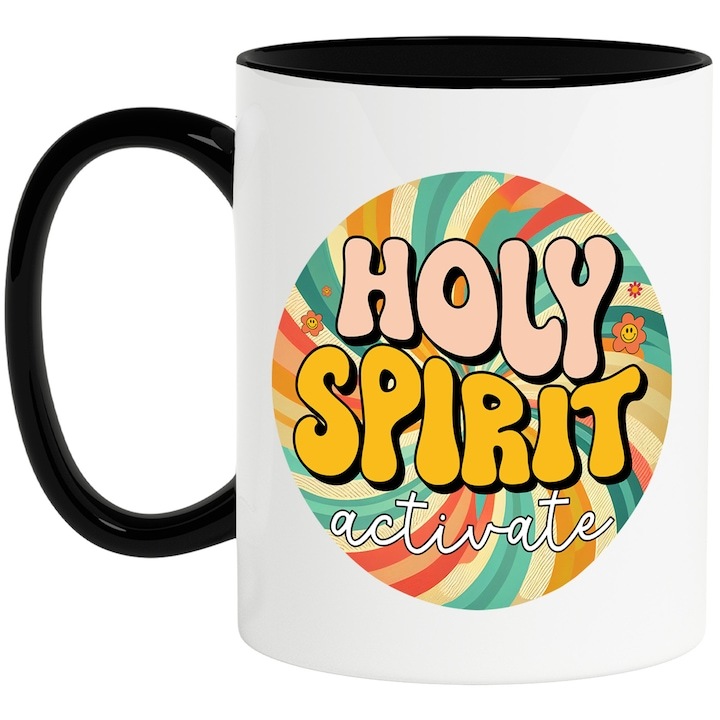 Cana alba personalizata, Holy spirit activate, stilul hippie, cultura, ilustratie, psihedelic, activeaza, flori cu Maner Negru, INOVATIX®. 330ml