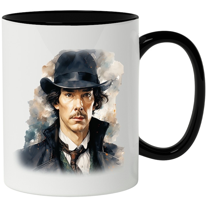 Cana alba personalizata, Sherlock Holmes, Seriale Cu Detectivi, Britanic, cu Maner Negru, INOVATIX®. 330ml