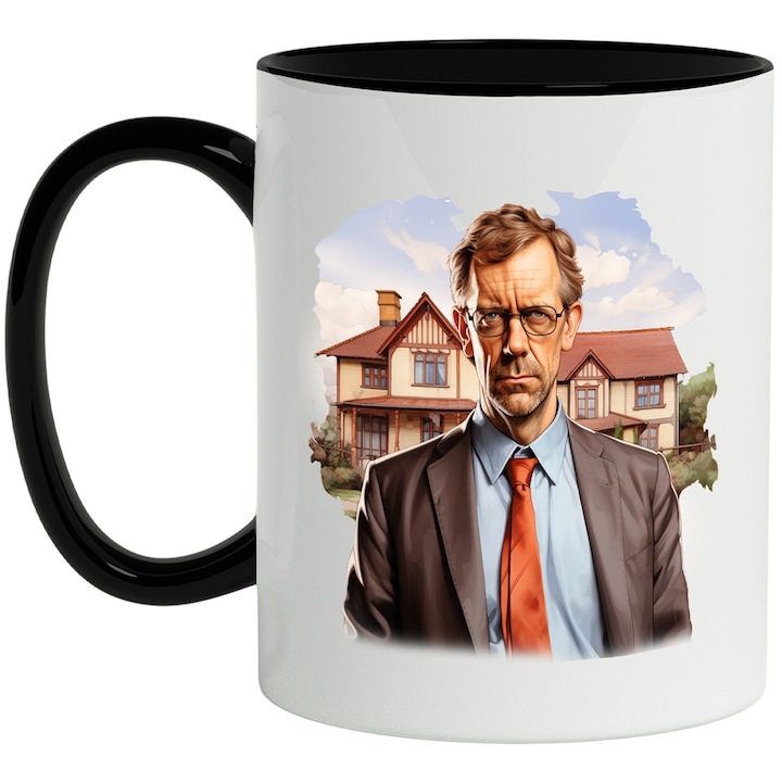 Cana alba personalizata, Doctor House, Serial Tv, Personaj, Cer, Ochelari, cu Maner Negru, INOVATIX®. 330ml