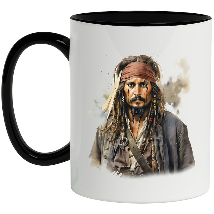 Személyre szabott fehér bögre, Jack Sparrow, Karib-tenger kalózai, Szakáll, Karakter, fekete fogantyúval, INOVATIX®. 330ml