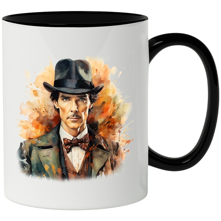 Cana alba personalizata, Benedict Cumberbatch, Seriale TV, Sherlock Holmes, cu Maner Negru, INOVATIX®. 330ml