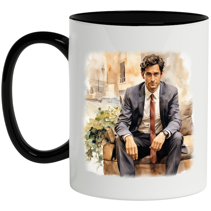 Cana alba personalizata, Jim Halpert, The Office, Serial TV, Comedie, cu Maner Negru, INOVATIX®. 330ml
