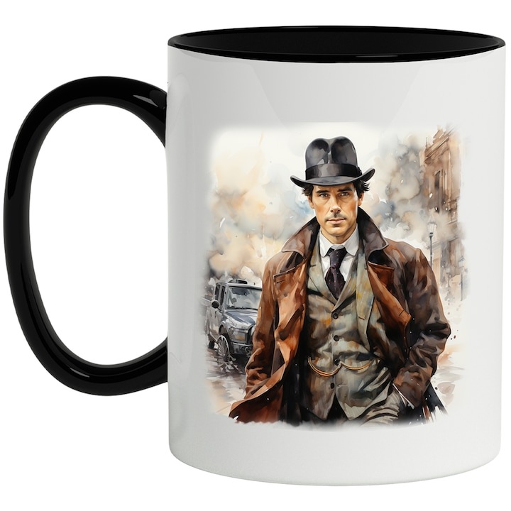 Cana alba personalizata, Benedict Cumberbatch, x Sherlock Holmes, cu Maner Negru, INOVATIX®. 330ml