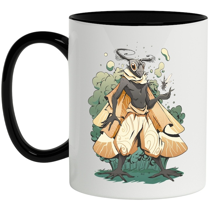 Cana alba personalizata, Monstru, Fantasy, Molie, Fum, Aripi, Pantaloni, cu Maner Negru, INOVATIX®. 330ml