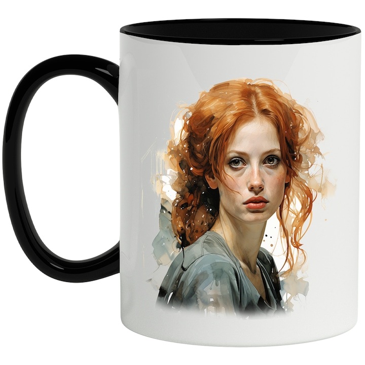 Cana alba personalizata, Sophie Turner, Actrita, Film, Celebritate, Seriale, cu Maner Negru, INOVATIX®. 330ml