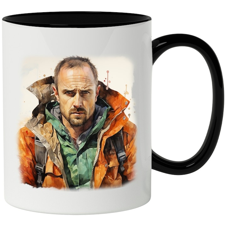 Cana alba personalizata, Jesse Pinkman, Breaking Bad, Serial TV, Personaj Faimos, cu Maner Negru, INOVATIX®. 330ml