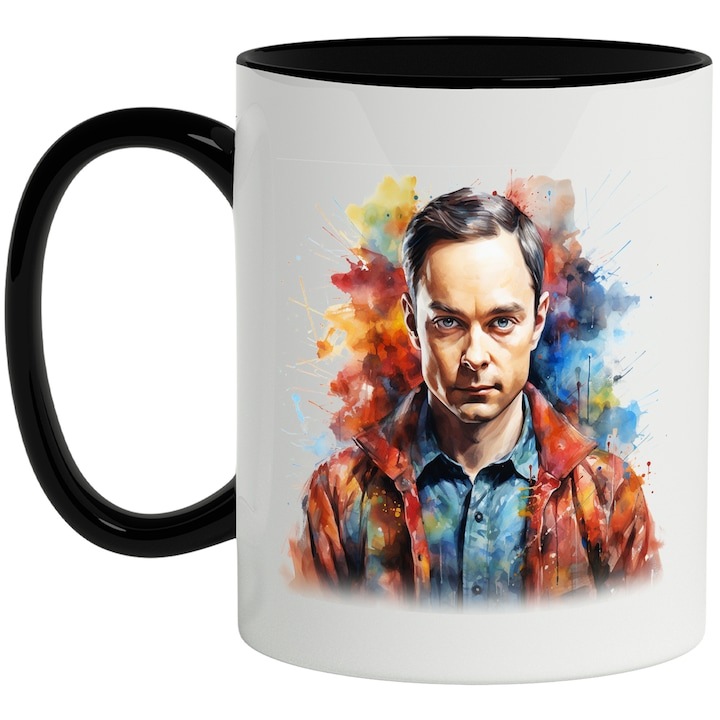 Cana alba personalizata, Sheldon Cooper, Serial TV, Big Bang Theory, cu Maner Negru, INOVATIX®. 330ml